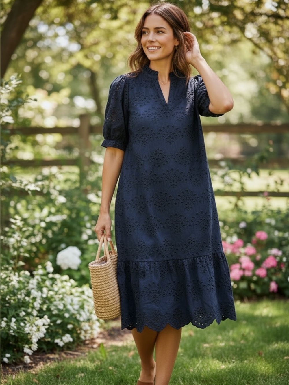 SAINT Navy Eyelet Puff Sleeve Midi Dress | S | Resort | Preppy | Classic